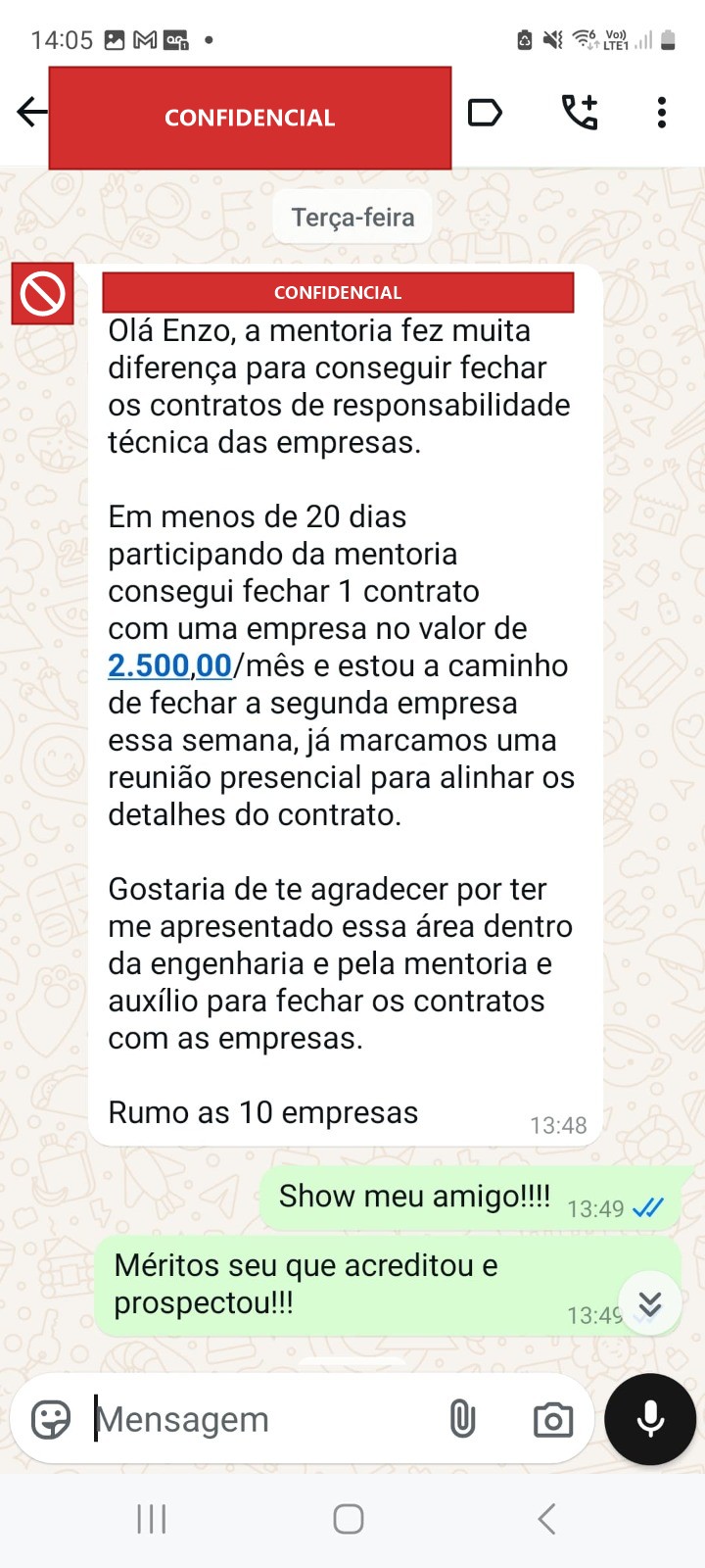 Print de aluno: primeiro contrato em menos de 20 dias